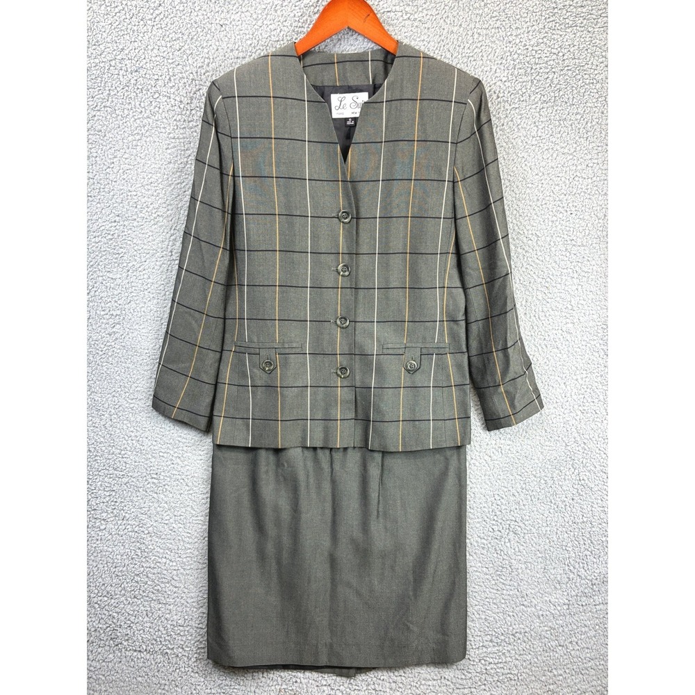 Le Suit Windowpane Plaid Skirt Suit Set Womens 10 Grey Vintage Office Tailored